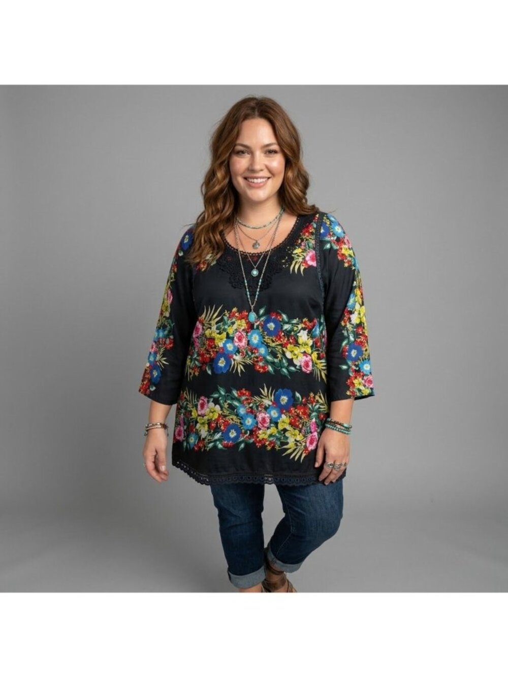 Johnny Was Women Blue Tunic Silk Floral Top Sz 2X - Picture 3 of 16
